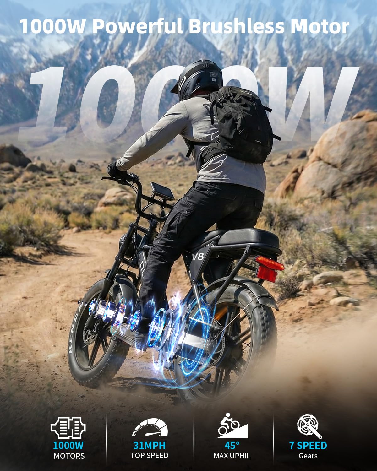 OUXI V8 Max Electric Bike for Adults, Electric Mountain Bike with Dual 48V 15Ah Removable Larger Battery, Peak 1000W Motor Adult Electric Bicycles, 20''x 4.0 Fat Tire E Bike, Hydraulic Brakes