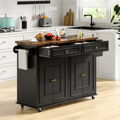 ComfyCorner 58" Rolling Kitchen Island with Storage, Island Table for Kitchen with Power Outlet, Multi-level Kitchen Islands on Wheels, Mobile Bar Cart with Spice Rack, Towel Rack, Knife Holder, Black