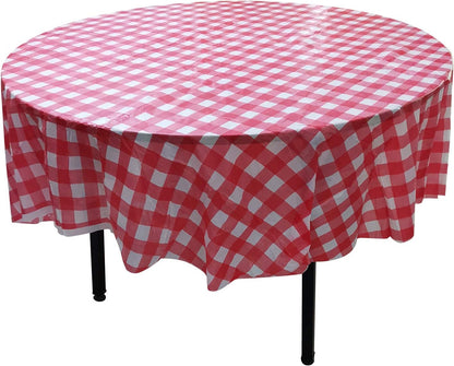 10 Pack Round Plastic Checkered BBQ Tablecloth, Red & White Gingham Table Covers for Plastic Picnic (Round 84 inch)