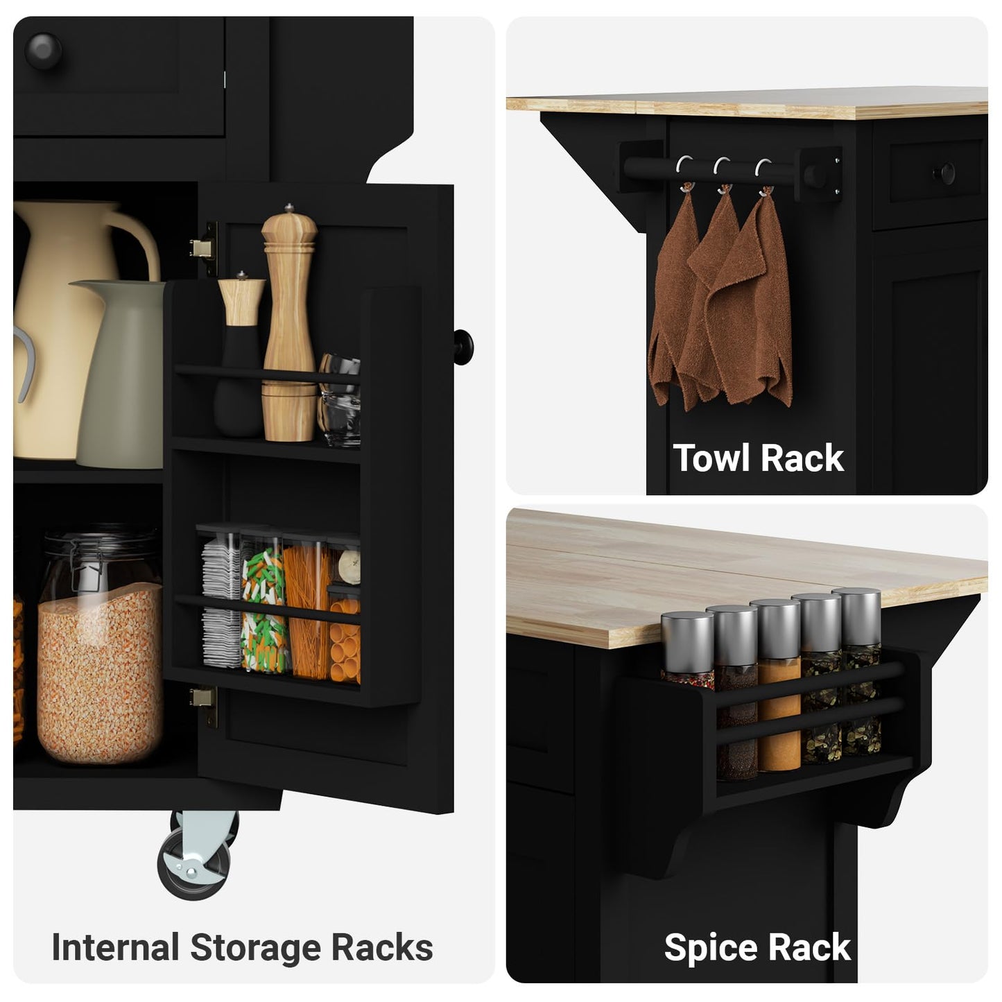 Rovibek Kitchen Island with Drawers 53 in Rolling Island Cart Mobile Portable Islands on Wheels Solid Wood Island with Storage Cabinet & Drawers, Jet Black