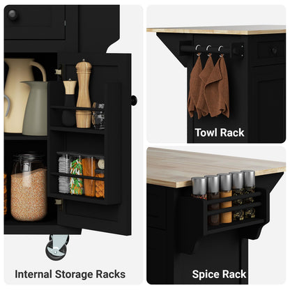 Rovibek Kitchen Island with Drawers 53 in Rolling Island Cart Mobile Portable Islands on Wheels Solid Wood Island with Storage Cabinet & Drawers, Jet Black