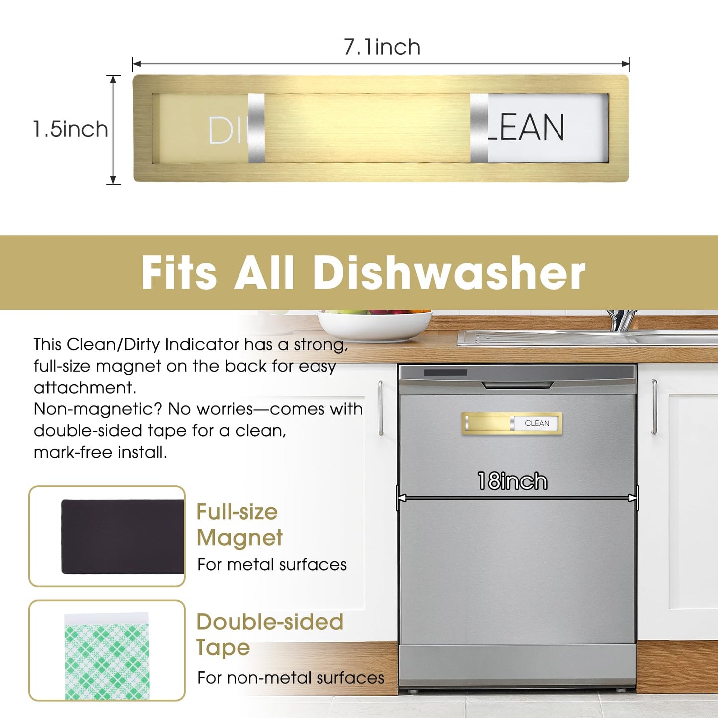 Clean Dirty Magnet for Dishwasher, Premium Stainless Steel 304, Dirty Clean Dishwasher Magnet for Kitchen Decor, Dishwasher Accessory, Birthday Gift for Mom Women Friend (Golden-03)