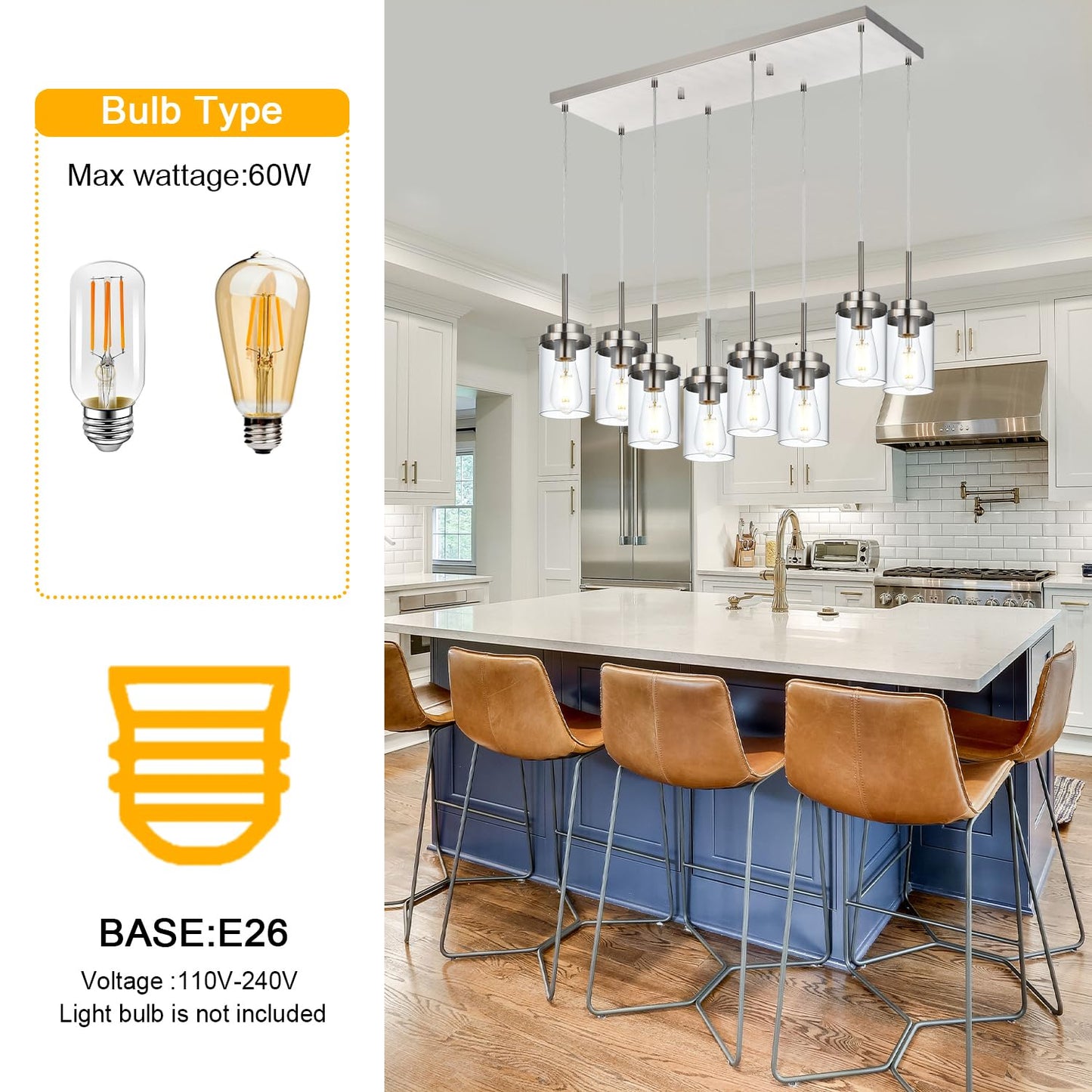 BONLICHT 8 Light Farmhouse Chandelier for Dining Room, Modern Industrial Foyer Linear Pendant Light Traditional Brushed Nickel Kitchen Island Lighting Fixture Hanging Ceiling Lights with Clear Glass