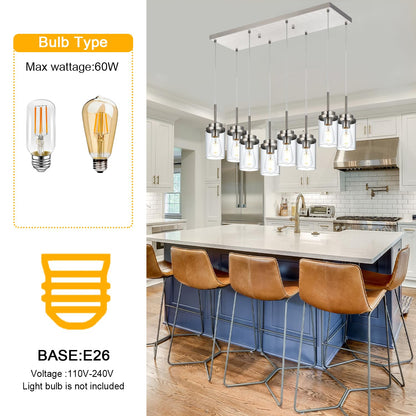 BONLICHT 8 Light Farmhouse Chandelier for Dining Room, Modern Industrial Foyer Linear Pendant Light Traditional Brushed Nickel Kitchen Island Lighting Fixture Hanging Ceiling Lights with Clear Glass