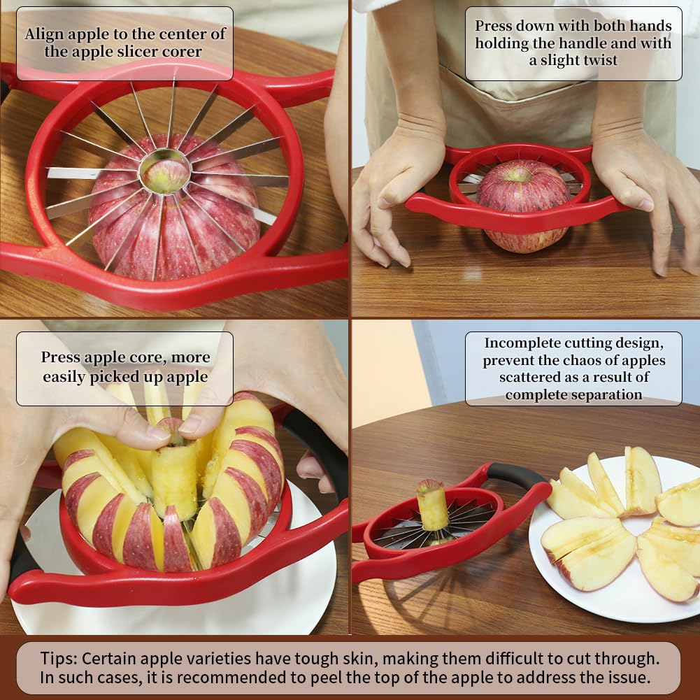 Newness 5.12 Inch Extra Large Apple Slicer, 16-Slices Heavy Duty Apple Cutter, Durable Apple Corer, Stainless Steel Apple Slicer and Corer - for Apple, Potato, Onion and More, Red