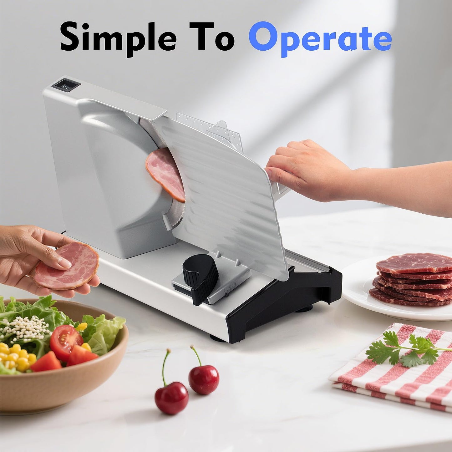 CUSIMAX Meat Slicer,9"Electric Food Slicer with 2 Stainless Steel Blades,1-20mm Adjustable Thickness for Home Use,Removable Food Carriage for Easy Cleaning