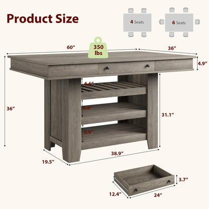 GAOMON 60" Counter Height Dining Table for 4, Farmhouse Rectangular Bar Height Kitchen Table & Thick Table Top, with Deepened Wine Rack & Shelves for Kitchen, Bar,Retro Gray