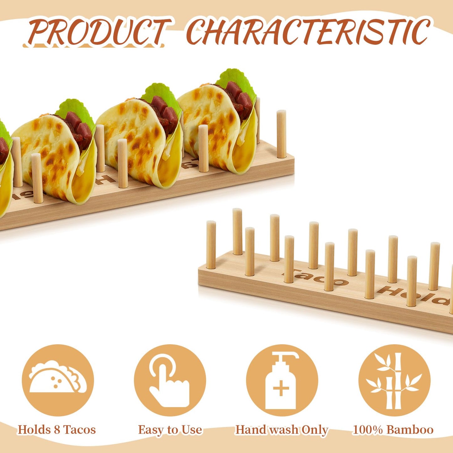 Pinkunn 4 Pcs Bamboo Taco Tray Holder Holds 8 Rack Tray Soft or Hard Shell Tacos Food Serving Stand for Tortillas Burritos Kitchen Accessory Housewarming Gift