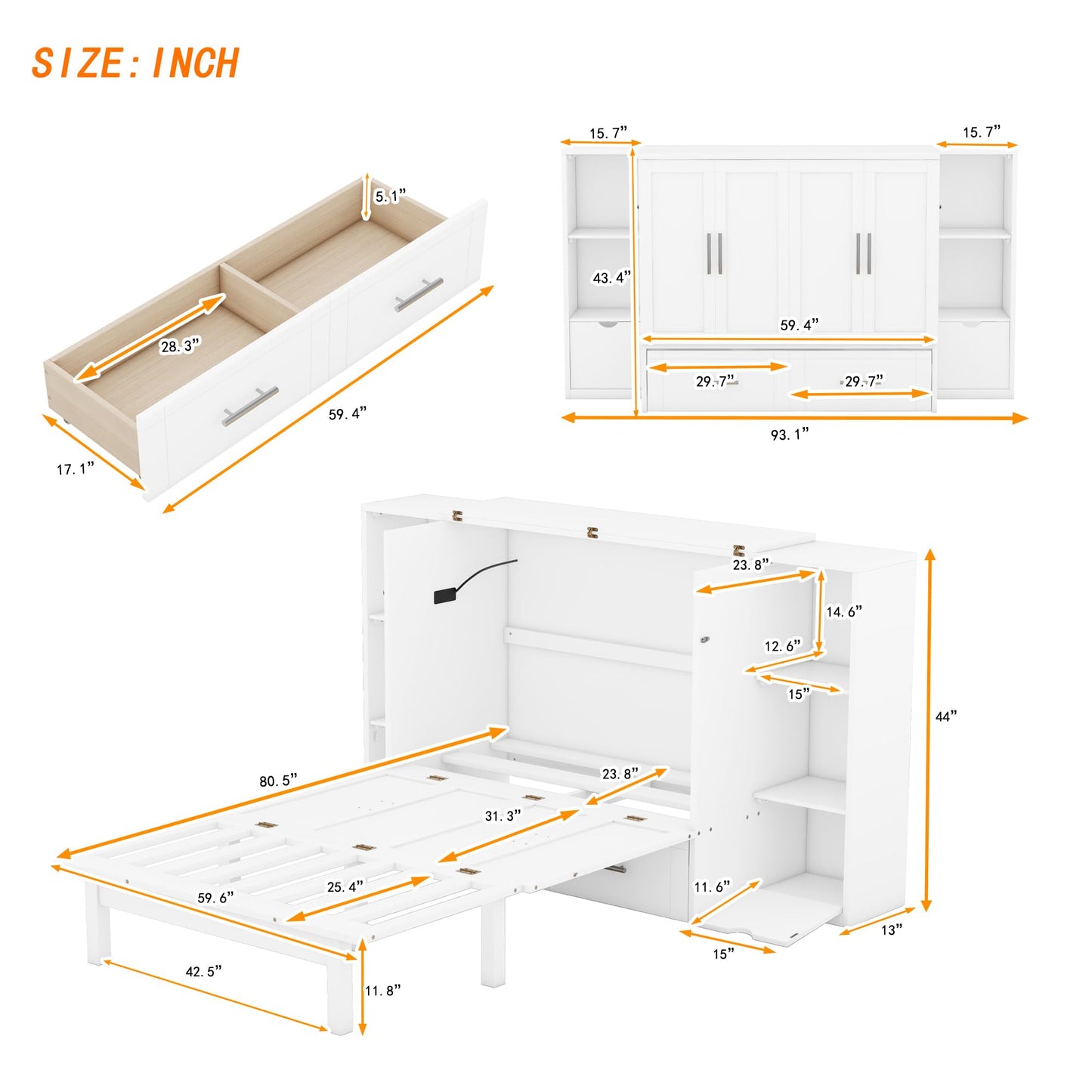 Merax Murphy Bed Frame Queen Size Cabinet with Shelves, 2 Drawers and USB Ports, Wood Versatile Platform Wall Bed