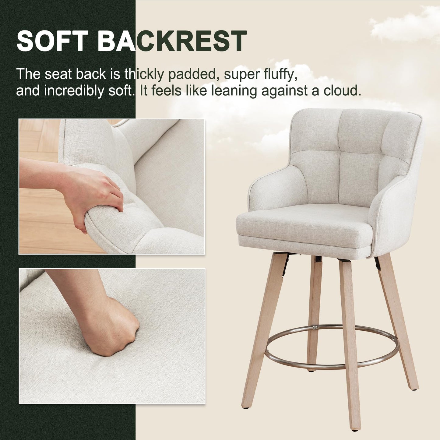 SAECKBERG 360°Swivel Counter Height Bar Stools with Back, 26 inch Solid Wood Legs, Bar Stool Modern Kitchen Island Chairs, Fabric (Beige- Fabric, 26" H- Set of 2)