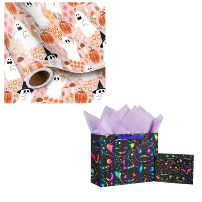 LeZakaa Pink Halloween Wrapping Paper Roll 13" Gift Bag with Tissue Paper, Gift Tag, and Card, Evil Pumpkin Fluorescent Black Design