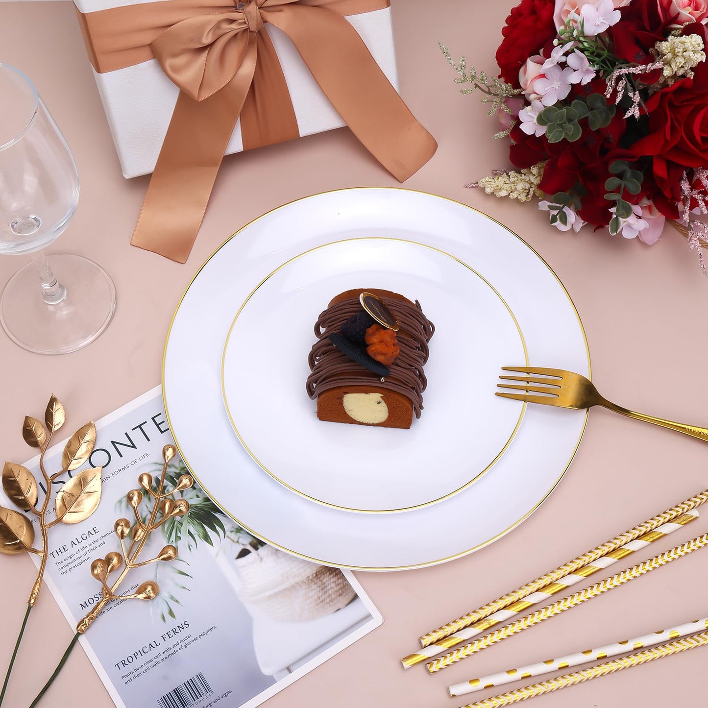 Moretoes 100PCS White Gold Plastic Plates Disposable,Party Plates White with Gold Rim, 10.25inch Dinner Plates and 7.5inch Dessert Salad Plates Heavy Duty Plates for Wedding Party and Birthday