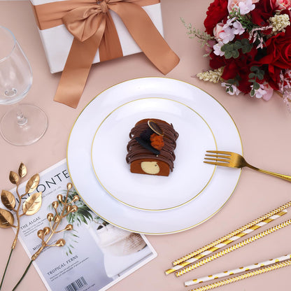 Moretoes 100PCS White Gold Plastic Plates Disposable,Party Plates White with Gold Rim, 10.25inch Dinner Plates and 7.5inch Dessert Salad Plates Heavy Duty Plates for Wedding Party and Birthday