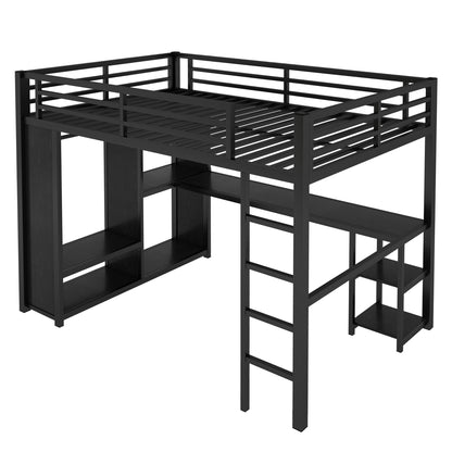 Bellemave Full Size Loft Bed with Desk, Wardrobe, Metal Full Loft Bed Frame for Adults, Kids, Teens, Black