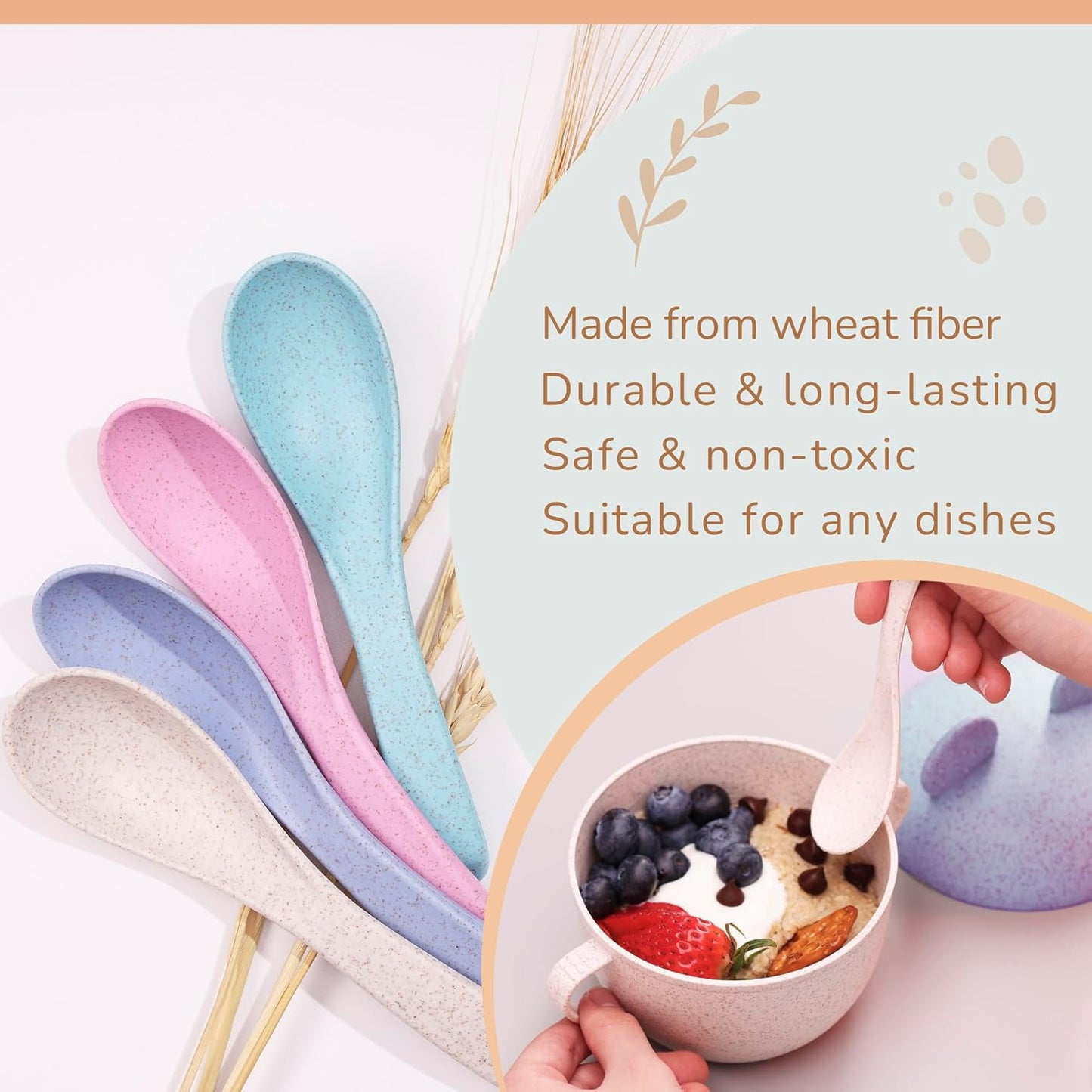 Wheat Straw Travel Spoon Set, 4 Camping Utensils, Portable Silverware for Lunch Box, Eco Friendly Reusable