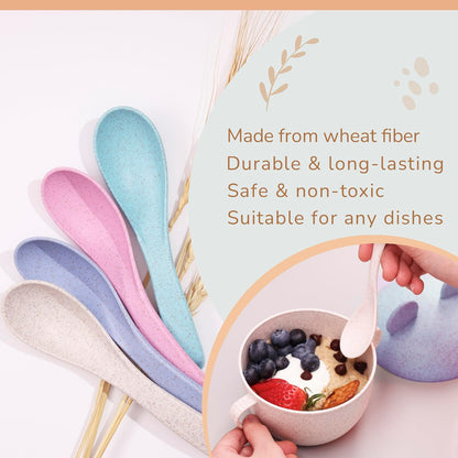Wheat Straw Travel Spoon Set, 4 Camping Utensils, Portable Silverware for Lunch Box, Eco Friendly Reusable