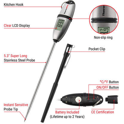 ThermoPro TP02S Digital Food Thermometer for Cooking Bread Baking Sourdough Liquids, Meat Thermometer Digital with Super Long Probe for Grill Kitchen BBQ Oil Milk Yogurt Candy Making Accessory