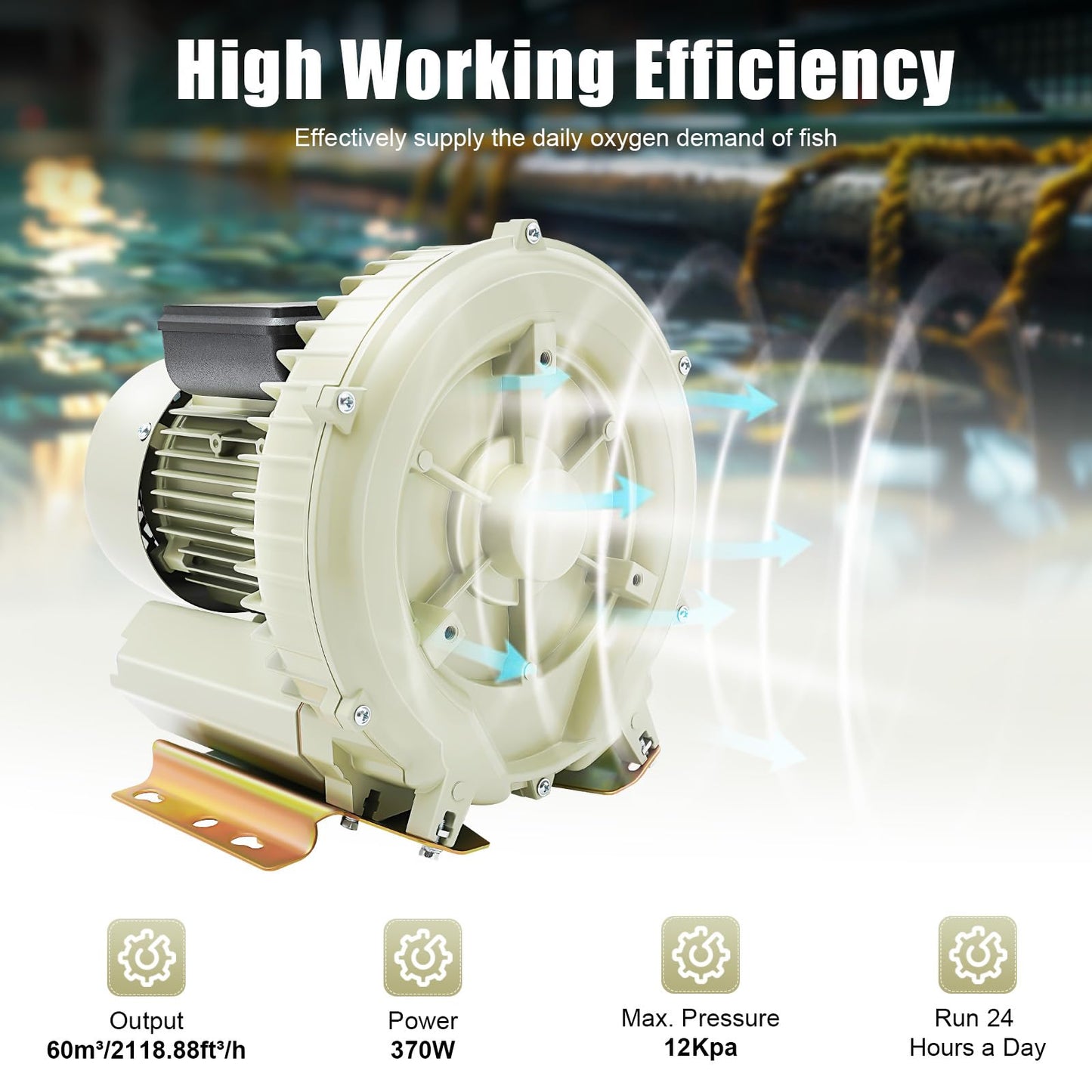 Air Pump Blower, 370W Aquaculture Vortex Air Blower Industrial Oxygen Pump Blower Seafood Pond Fish Tank Vortex Air Blower,Commercial Electric Aquarium Air Pump for Oxygen Supply, Max 12Kpa