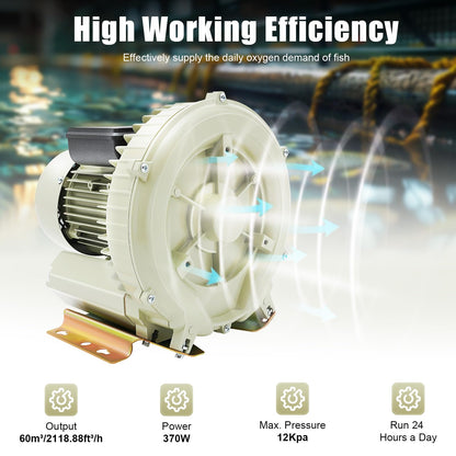 AGULIUM 370W Air Pump Blower, Commercial Aquaculture Vortex High Pressure Air Blower, Industrial High Pressure Blower for Aquarium Seafood Pond Fish Tanks Water Tank Centrifugal Cycle 110V