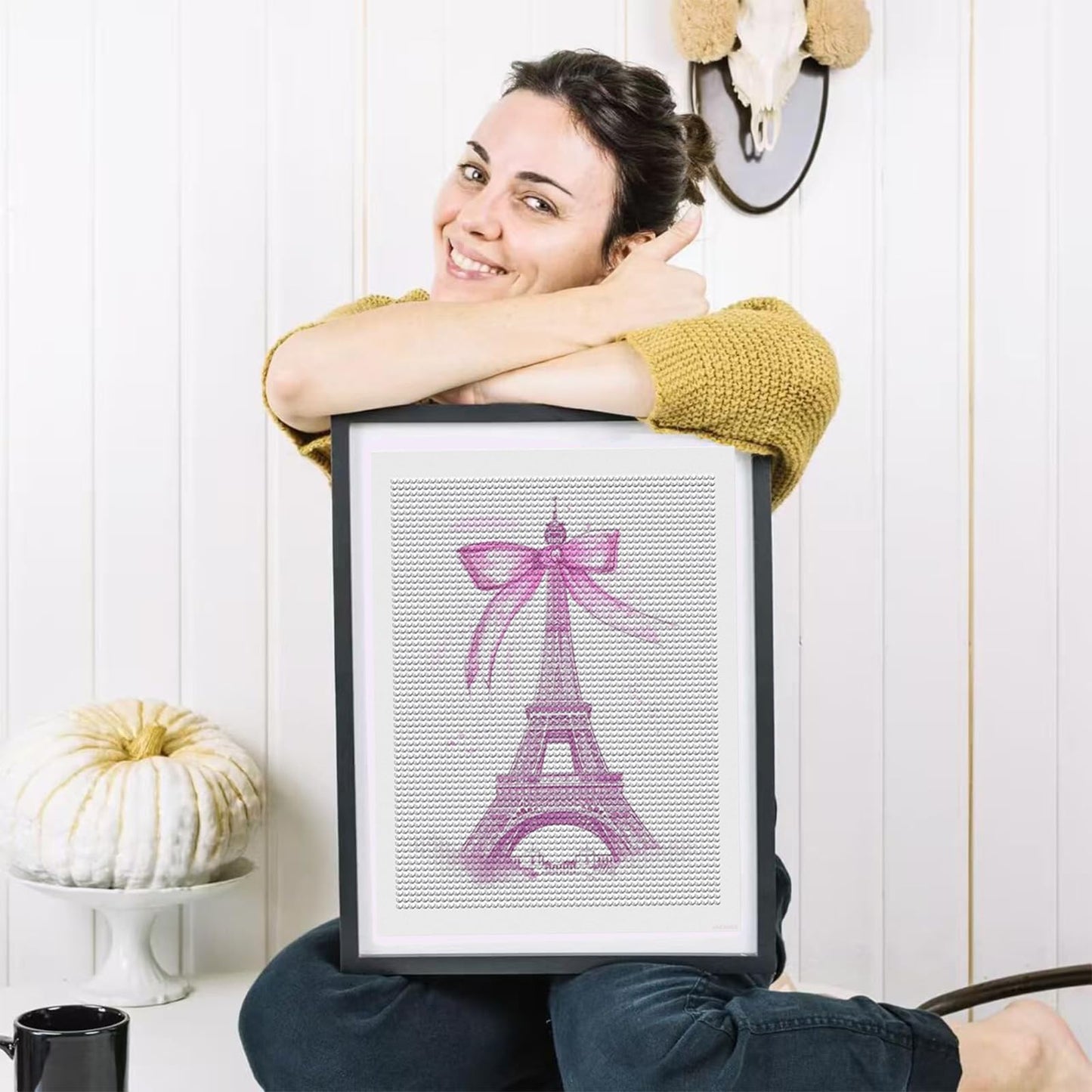 HMDIIMGE Pink Bow Bow at The Eiffel Tower Diamond Painting Art Kit for Adults DIY Diamond Art Painting for Beginners Full Drill Round Gem Art Painting for Crafts Home Wall Decor 12x16 Inch
