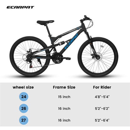 Rycheer 27.5 Inch Men Boys Mountain Bike Full Suspension, 21 Speeds Steel Mountain Bike, Disc Brakes, Adult Sport Bicycle for Trail Snow Commuter City Road