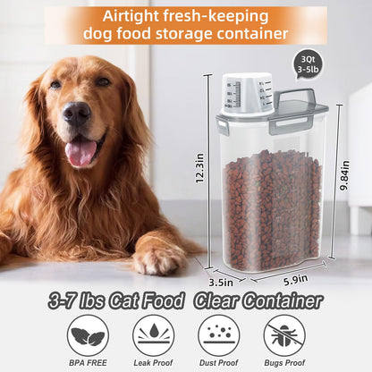 LEAWALK 3-5Lbs/3Qt Dog Cat Food Storage Container With Foldable Bowl. Plastic Pet Food Dispenser for Small Animal Kibble/Pet Food/Bird Seed/Oatmeal/Rice/Flour/Brown Sugart/Cereals (Clear Grey)