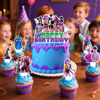 Korean Idol Demon Movie Hunters Birthday Party Decorations, 25 Piece Cake and Cupcake Toppers Set, Cartoon Animation Theme for Kids Birthday Celebrations