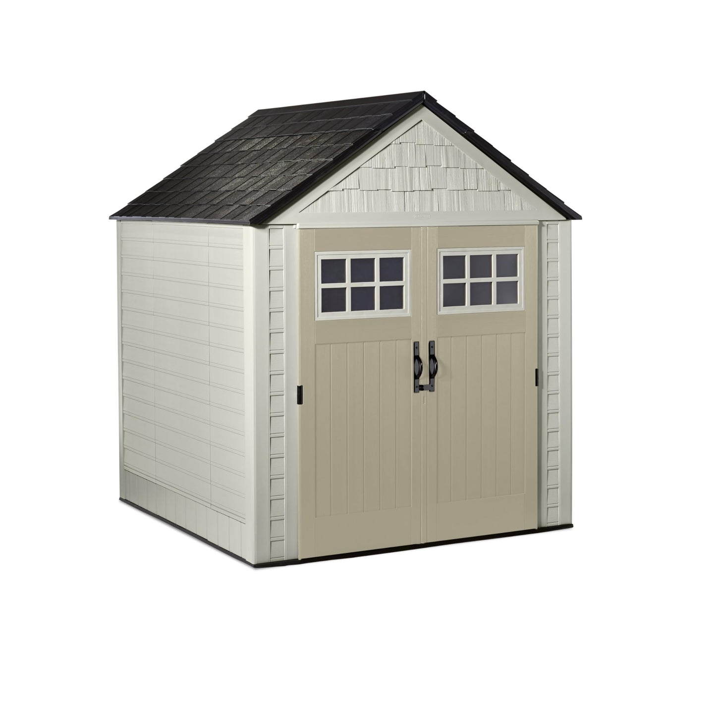 Rubbermaid 7 Foot by 7 Foot Weatherproof Outdoor Storage Shed for Garden Tools and Lawn Machinery Organization with Lockable Double Door Sandstone