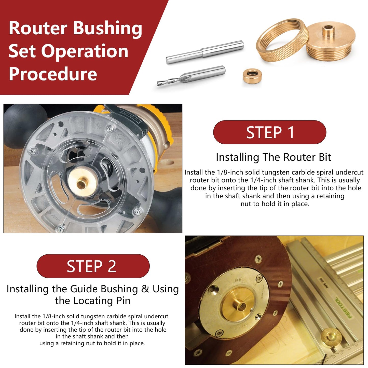 Router Inlay Bushing Kit Replacement for Router Template Guide Set Solid Brass Router Inlay Kit 71333 Fits for 1/4 Router Templates for Wood.