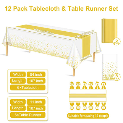 Barafat 12 Pack White Gold Tablecloth and Table Runner Set Party Decorations, White and Gold Plastic Disposable Tablecloth and Satin Table Runner for Wedding Birthday Party (White and Gold)