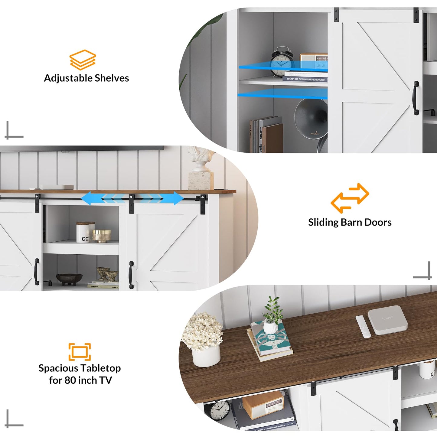 Garvee 70" Farmhouse TV Stands for 80" Television, Entertainment Center with Sliding Barn Door, Media TV Console Table with Storage & Adjustable Shelves for Living Room, White+Brown