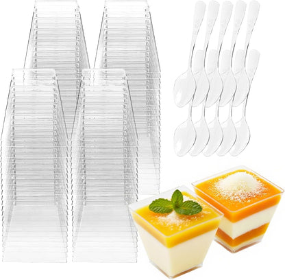 200 Pack 2 oz Mini Plastic Dessert Cups with Spoons, Disposable Clear Pudding Parfait Jello Shooter Cups Party Serving