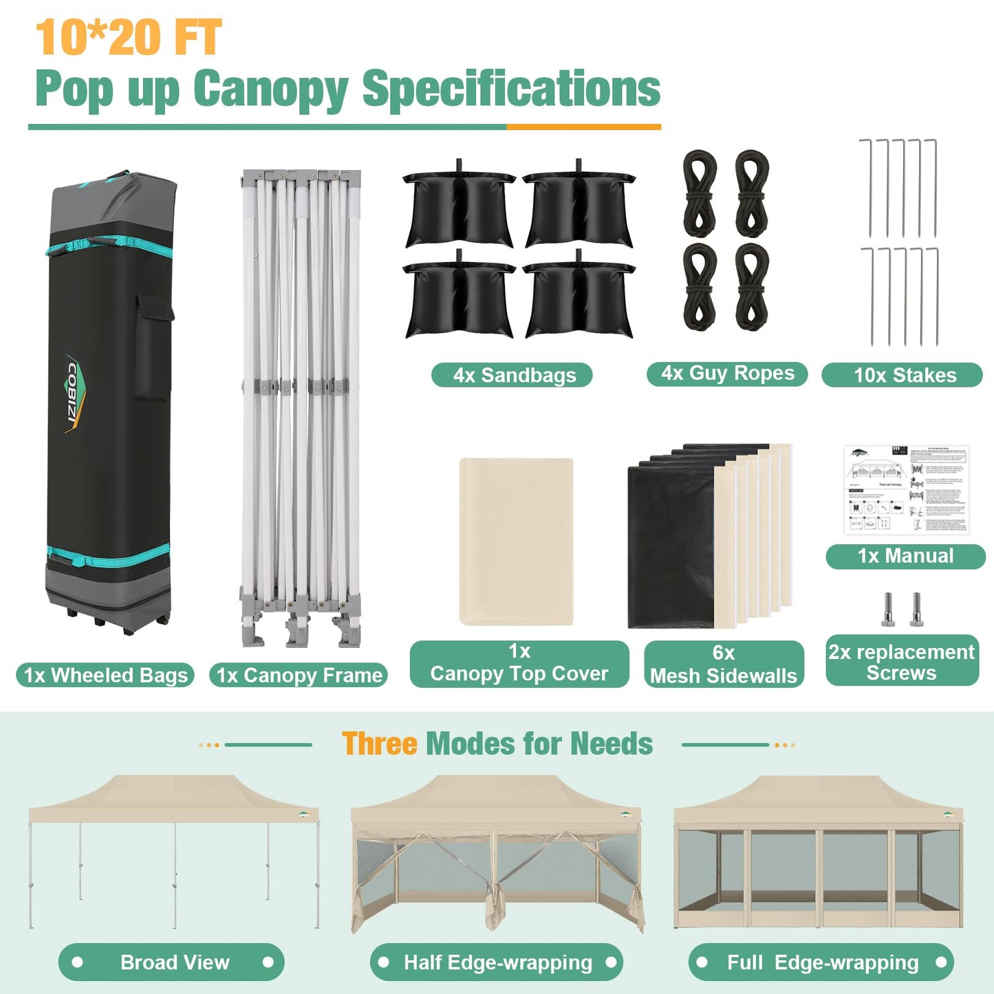 COBIZI 10x20 Canopy Tent, Heavy Duty Pop up Canopy with Sidewalls, Waterproof Easy Setup Canopy with Mosquito Netting, Outdoor Instant Screen Tents for Parties, Wedding with Roller Bag, Khaki