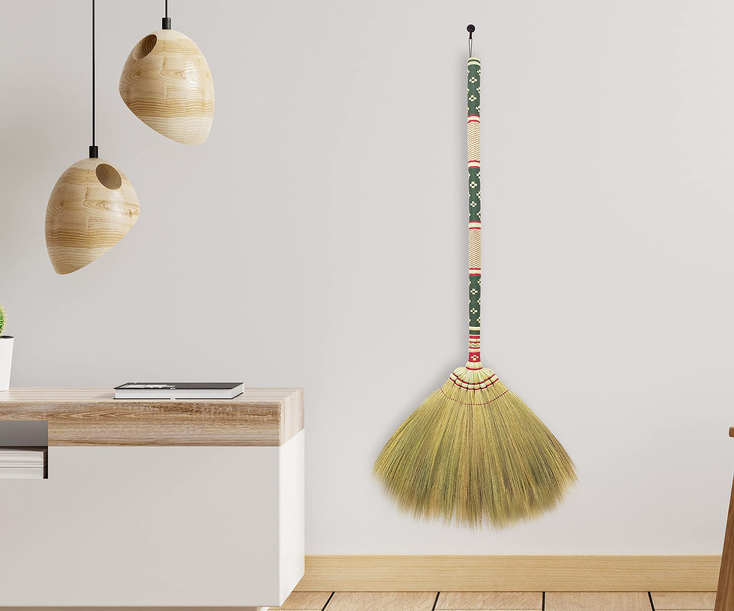 Thai Vintage Retro Grass Broom Stick, Asian Straw for Wedding Jumping, Witch, House, Long With Solid Wood Handle - Primitive Sweeping Dirt Dust Garbage