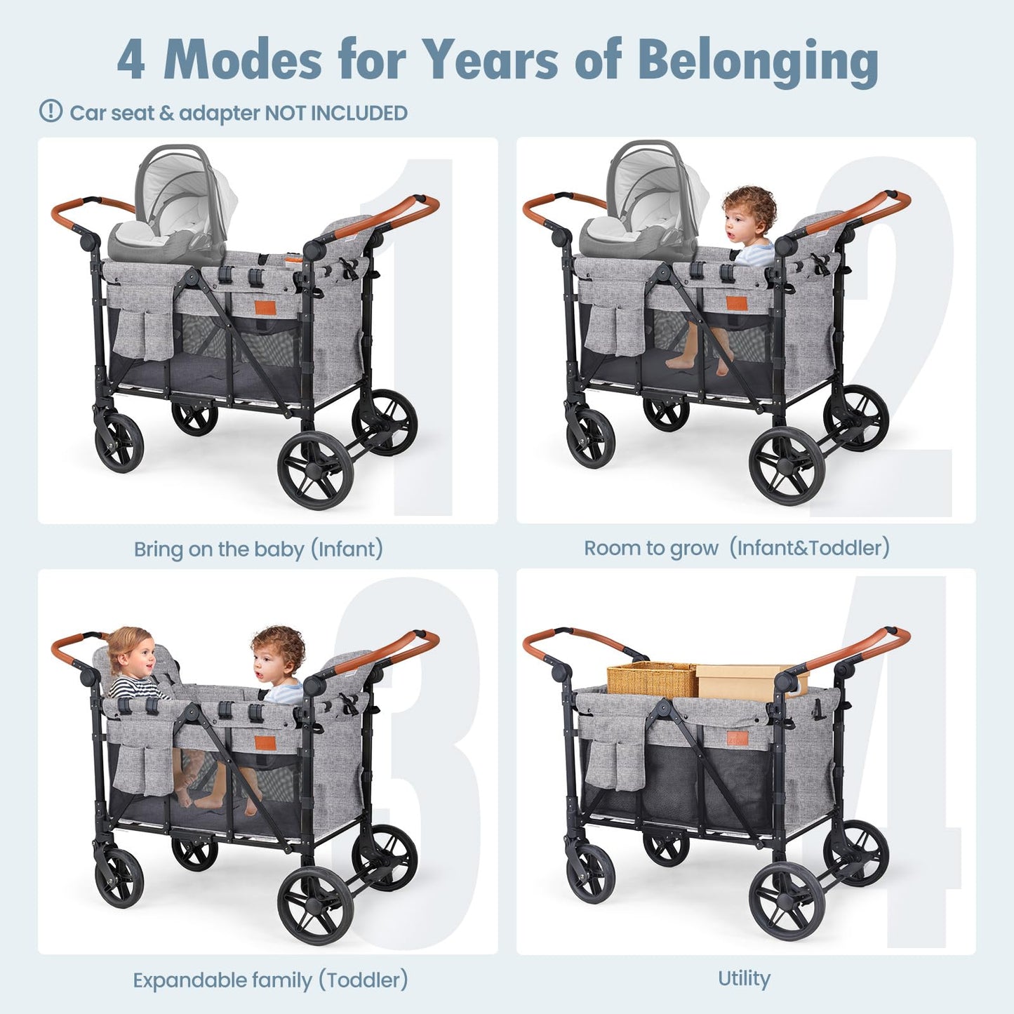 ZTDM Wagon Stroller for 4 Kids, All-Terrain Wagon for Toddler with Canopy, Parent Organizer, Shoulder Bag, Adjustable Handlebar, Phone Holder, High Seat & 5 Point Harness, Ultimate Quad (Gray)