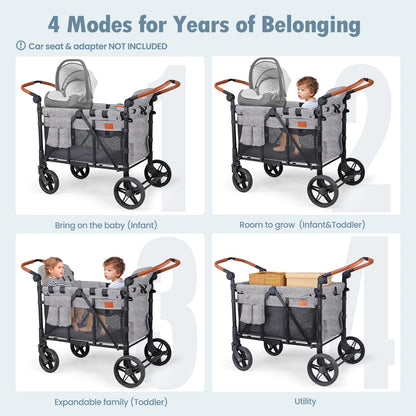 ZTDM Wagon Stroller for 4 Kids, All-Terrain Wagon for Toddler with Canopy, Parent Organizer, Shoulder Bag, Adjustable Handlebar, Phone Holder, High Seat & 5 Point Harness, Ultimate Quad (Gray)