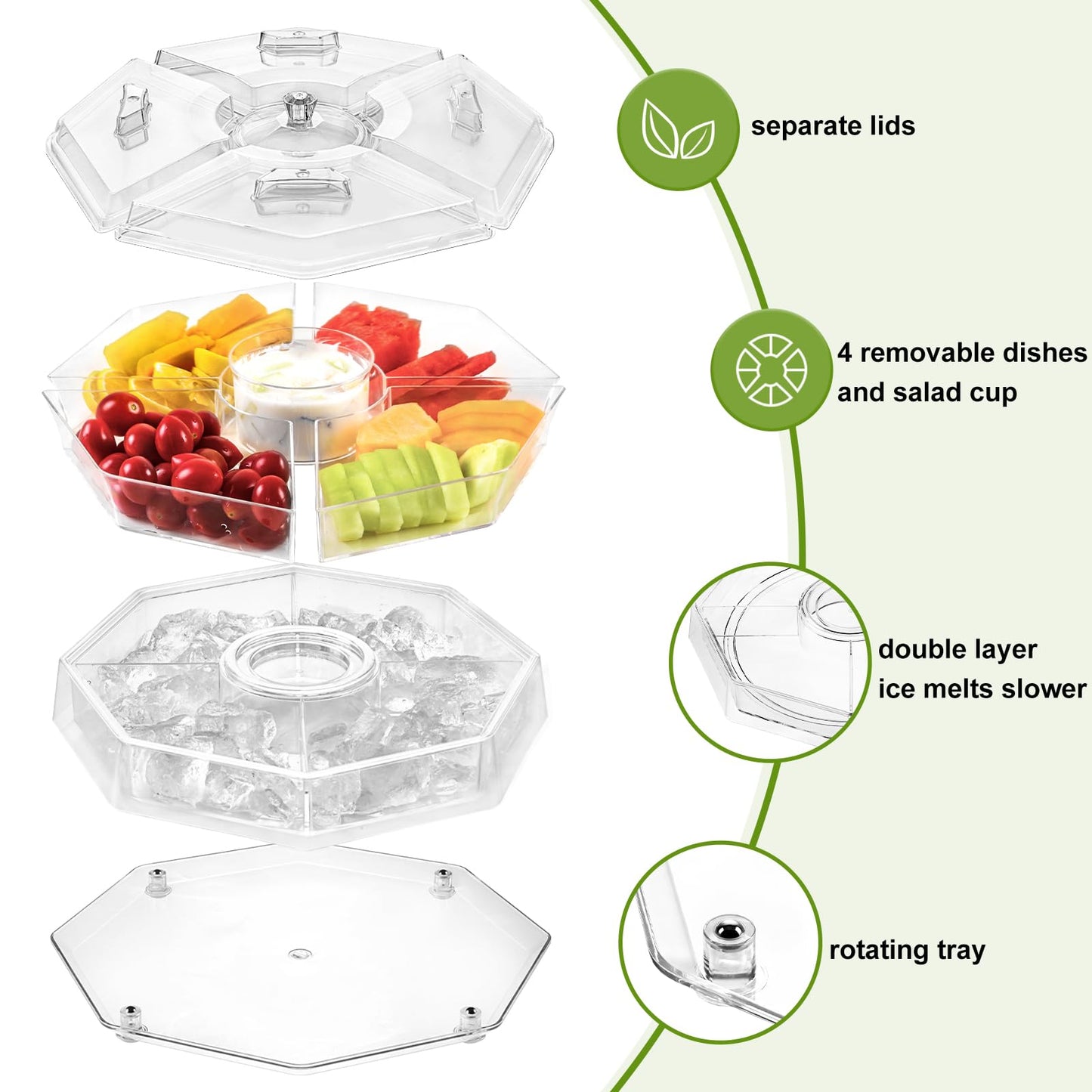 IVYHOME Ice Serving Lazy Susan, Chilled Food Containers with 4 Removable Dishes and Smooth Rotating Tray, Condiment Server with Separate Lids, for Bar Accessories, Fruit, Salad, Taco, Party Garnish