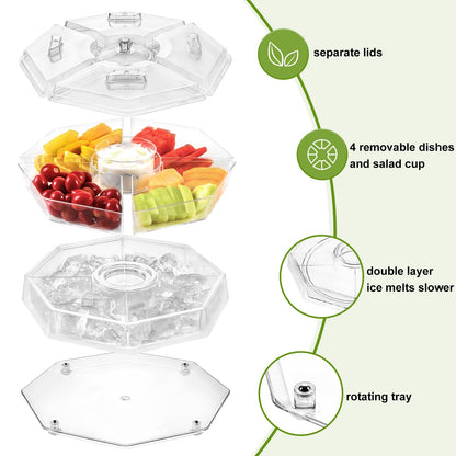 IVYHOME Ice Serving Lazy Susan, Chilled Food Containers with 4 Removable Dishes and Smooth Rotating Tray, Condiment Server with Separate Lids, for Bar Accessories, Fruit, Salad, Taco, Party Garnish