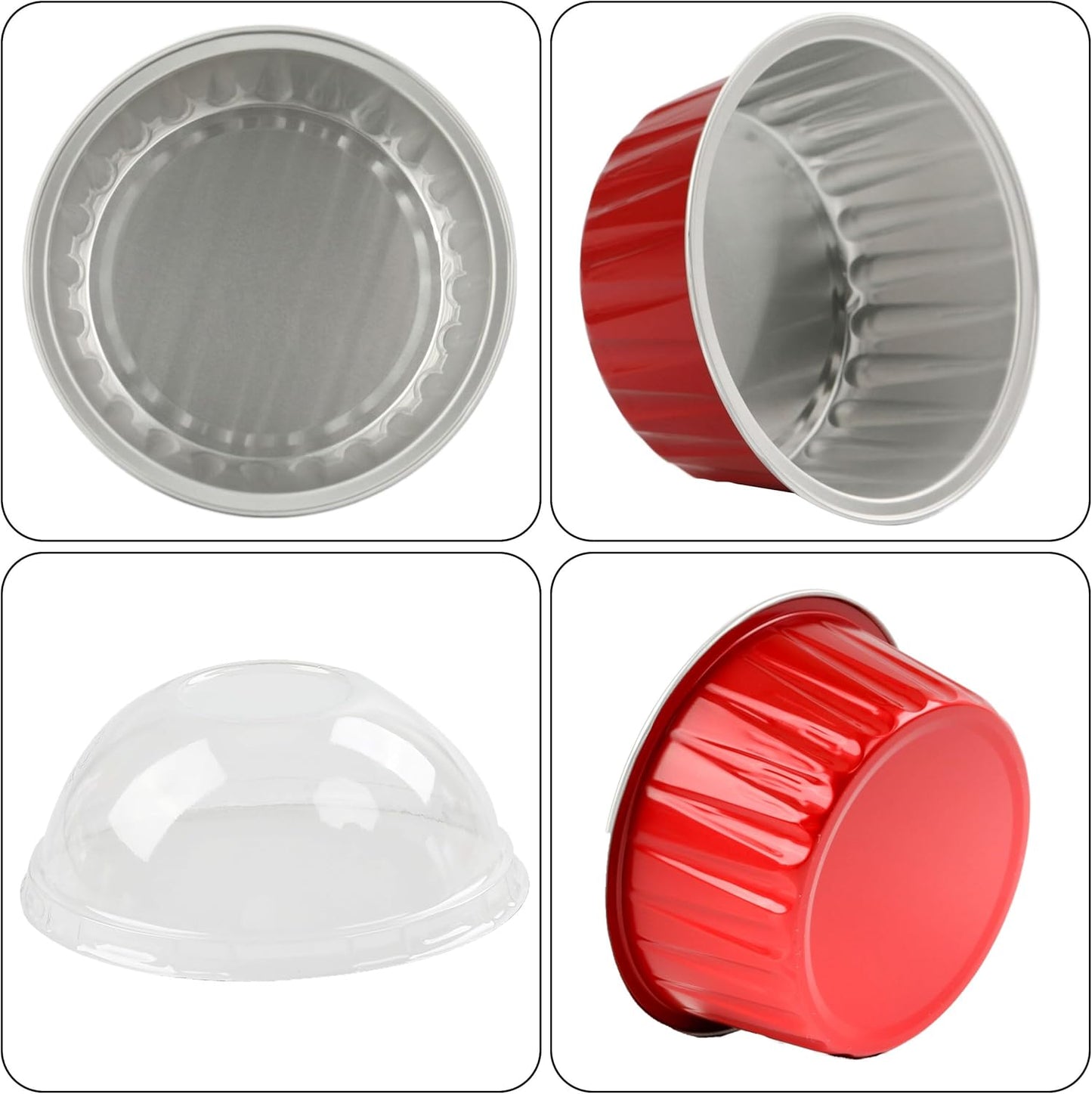BAKINGPAK 50PCS Mini Aluminum Pans with Lids, 4OZ Baking Cups, Disposable Ramekins, Red Mini Cake Pans for Birthday