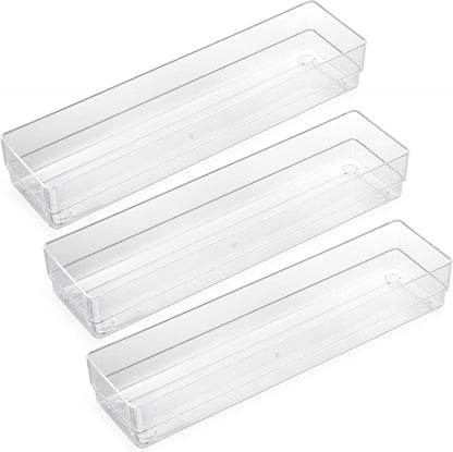 LotFancy Clear Drawer Organizers, Set of 3, 12” x 3” x 2” Plastic Storage Bins for Desk, Bathroom, and Makeup
