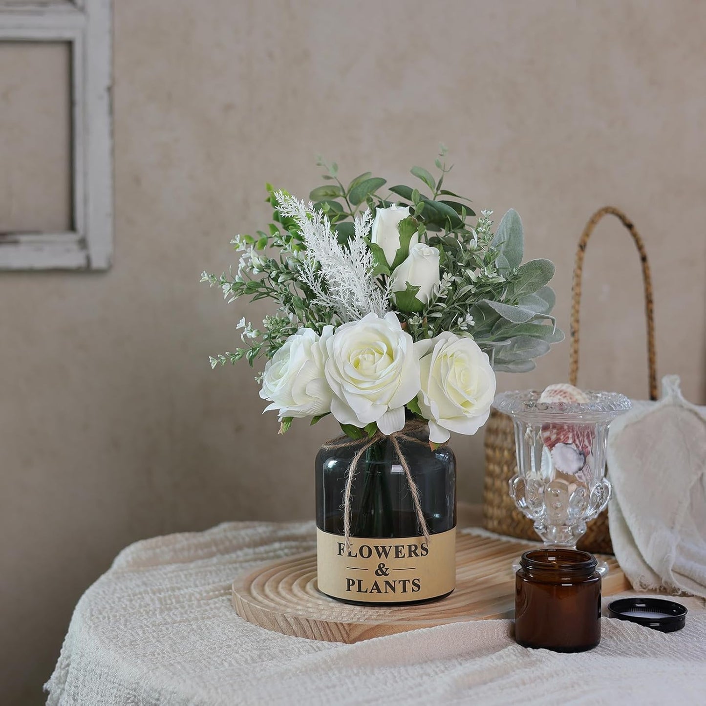 YXZZWL Artificial Flowers with Vase, Faux Silk Roses and Eucalyptus Centerpiece for Home Decor (White)