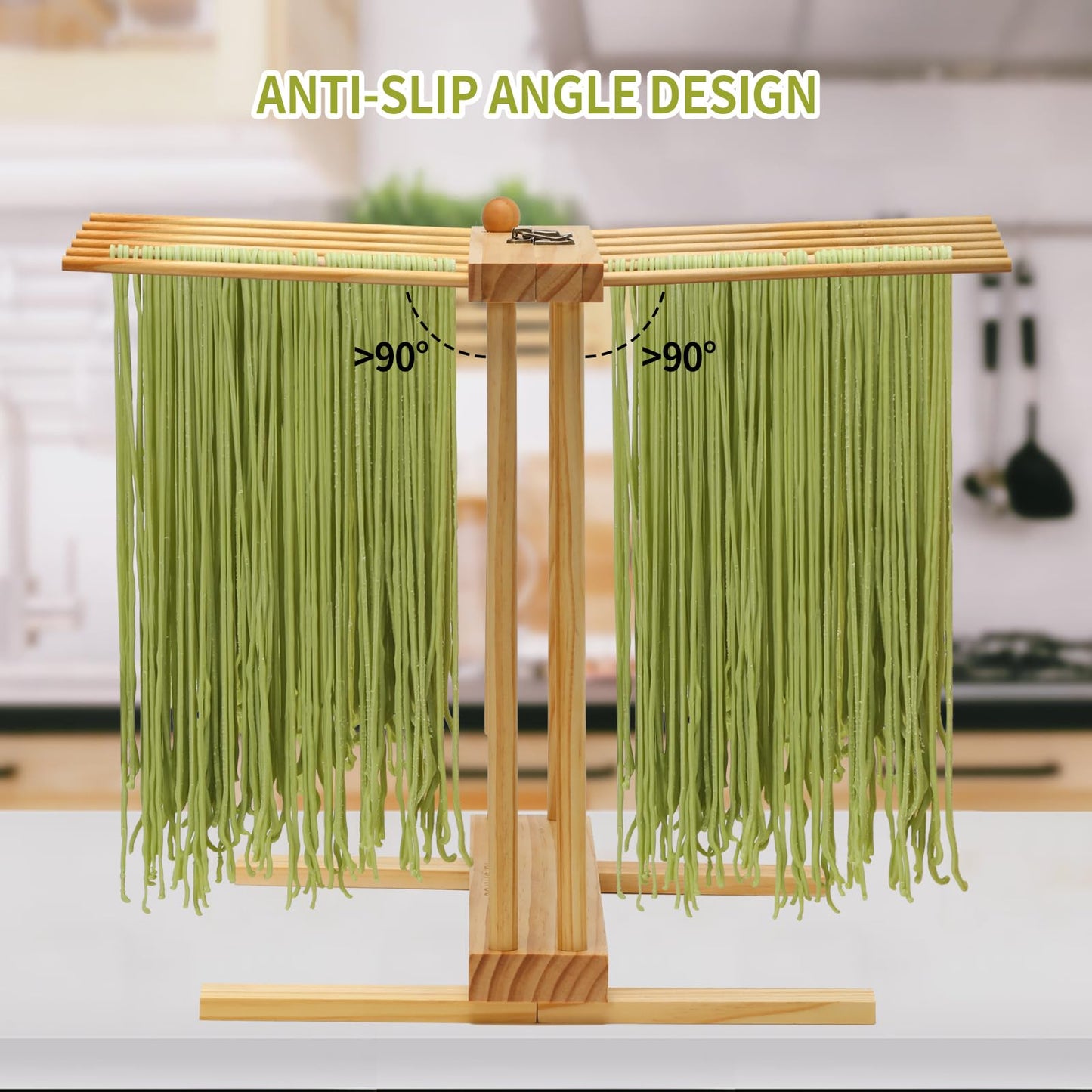 Talentree Collapsible Pasta Drying Rack, Wood Pasta Dryer Hanger Rack, Spaghetti Noodle Drying Hanging Rack Stand with 12 Bars and Transfer Wand, Foldable for Easy Storage