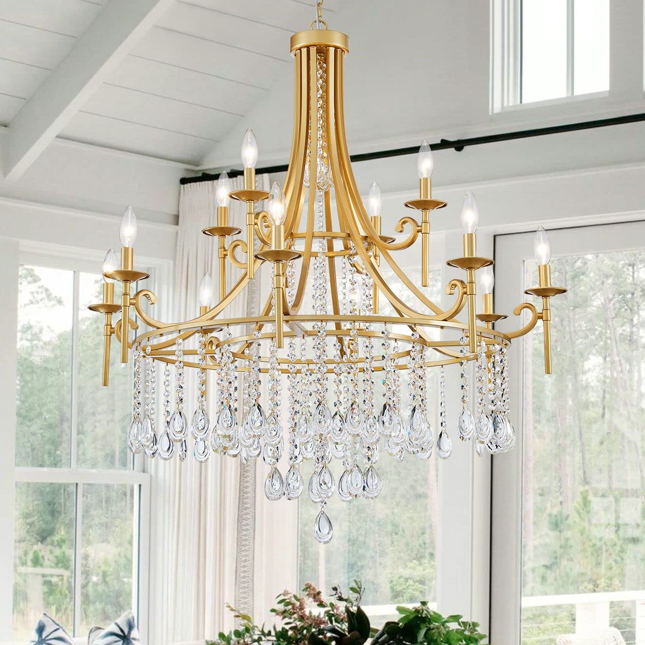 WUZUPS Candle Chandelier 12-Light Wagon Wheel Pendant Ceiling Light Modern Lighting Fixture for Bedroom Hallway Bar Kitchen Dinning Living Room Bathroom, Gold