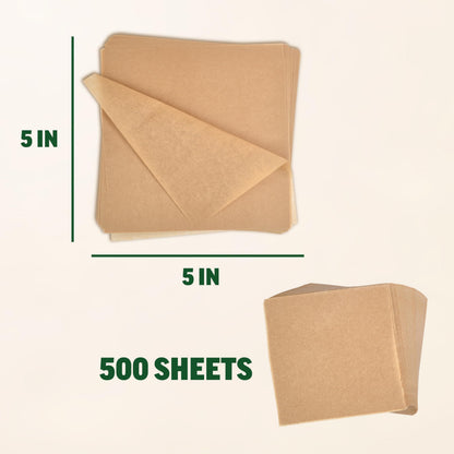 Zenlogy 5x5 Small Parchment Squares (500 sheets) - Unbleached, Non-stick, Pre-cut Parchment Paper- Ideal for Candy Wrappers, Liner Paper, Freezing and Storing, Separating, and Diamond Painting