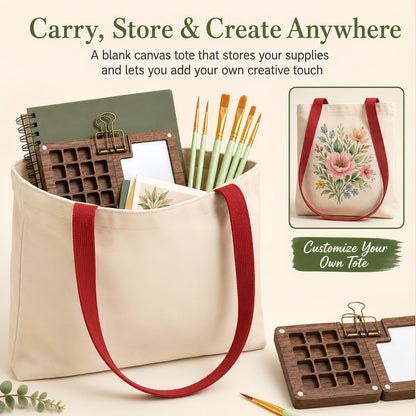 fsdyknej Portable Painting Kit for Adults, Travel Art Set with Mini Wooden Palette, Canvas Tote Bag, Brushes, Blank Cards and Bookmarks for DIY Creative Projects