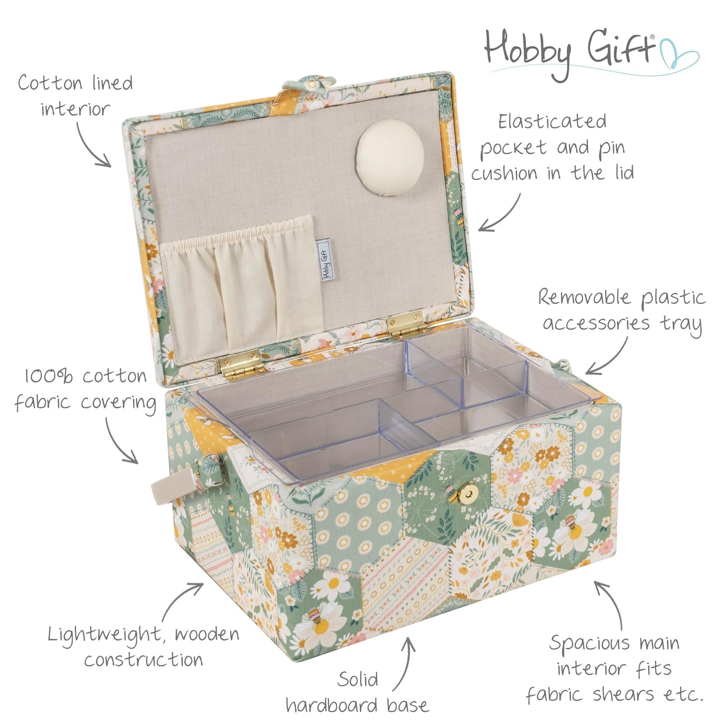 Hobby Gift Medium Sewing Box Organiser, Fabric Covered Storage Box with Handle, Internal Tray, Pin Cushion and Pocket for Sewing, Quilting and Knitting Supplies