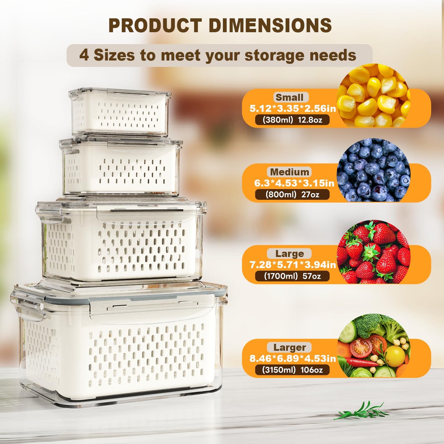 4 Pcs Fruit Storage Containers for Fridge (with Drain Basket) - Leak-Proof Food Containers, BPA-Free, Keep Fruits, Vegetables, Berries, and Meats Fresh for a Long Time, Dishwasher and Microwave Safe