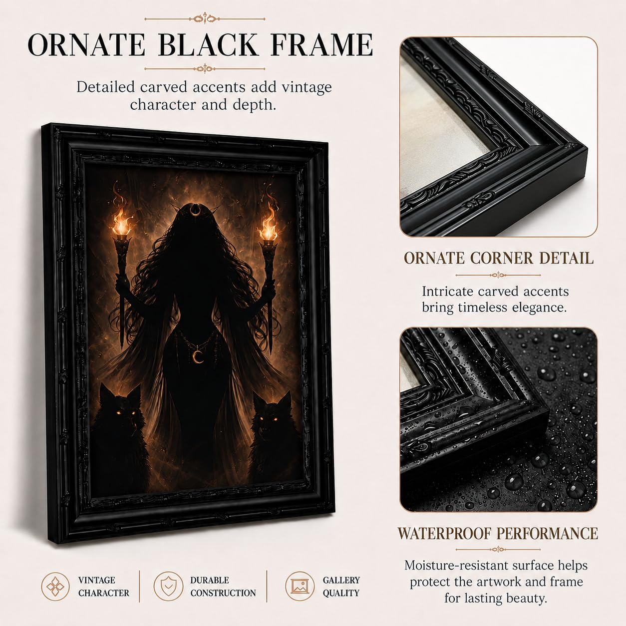 Dezrobew Gothic Witch Wall Art Dark Fantasy Black Wolves Painting Dark Academia Decor Mystical Moon Artwork Black Framed Picture for Bedroom Living Room Office 9''X11''