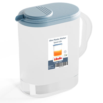 Tribello Pitcher with Lid 1 Gallon, Slim Clear Plastic Water Pitcher with Pivot-top Spout Lids, Iced Tea Pitcher for Fridge, Freezer/Dishwasher Safe, and BPA/Phthalate Free