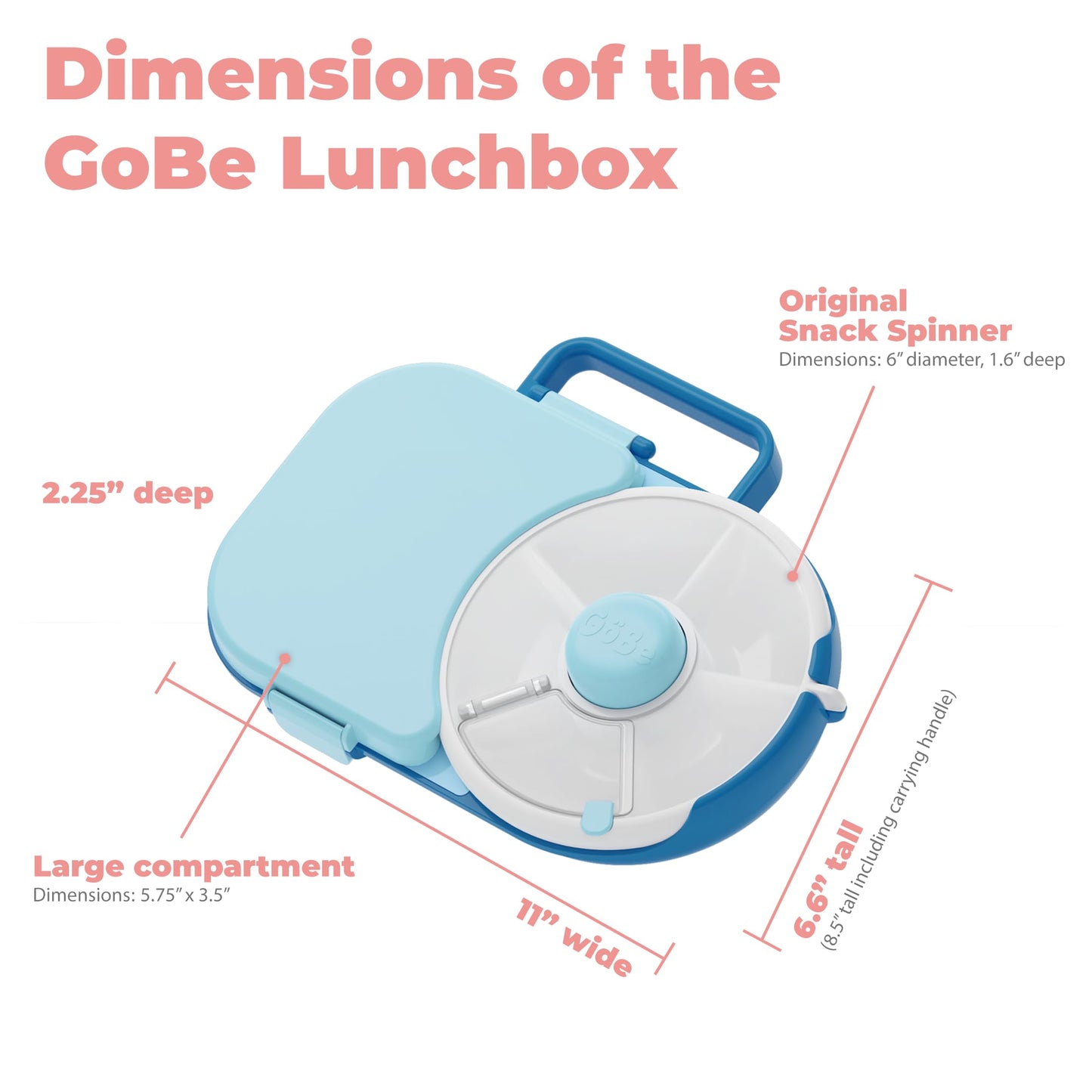 GoBe Kids Lunchbox with Small Snack Spinner Flip - Bundle with Hand Strap & Sticker Sheet, 2-in-1 Bento Style Lunch Container, 5 Small +1 Large Sandwich Compartment, BPA & PVC Free- Macaron Blue